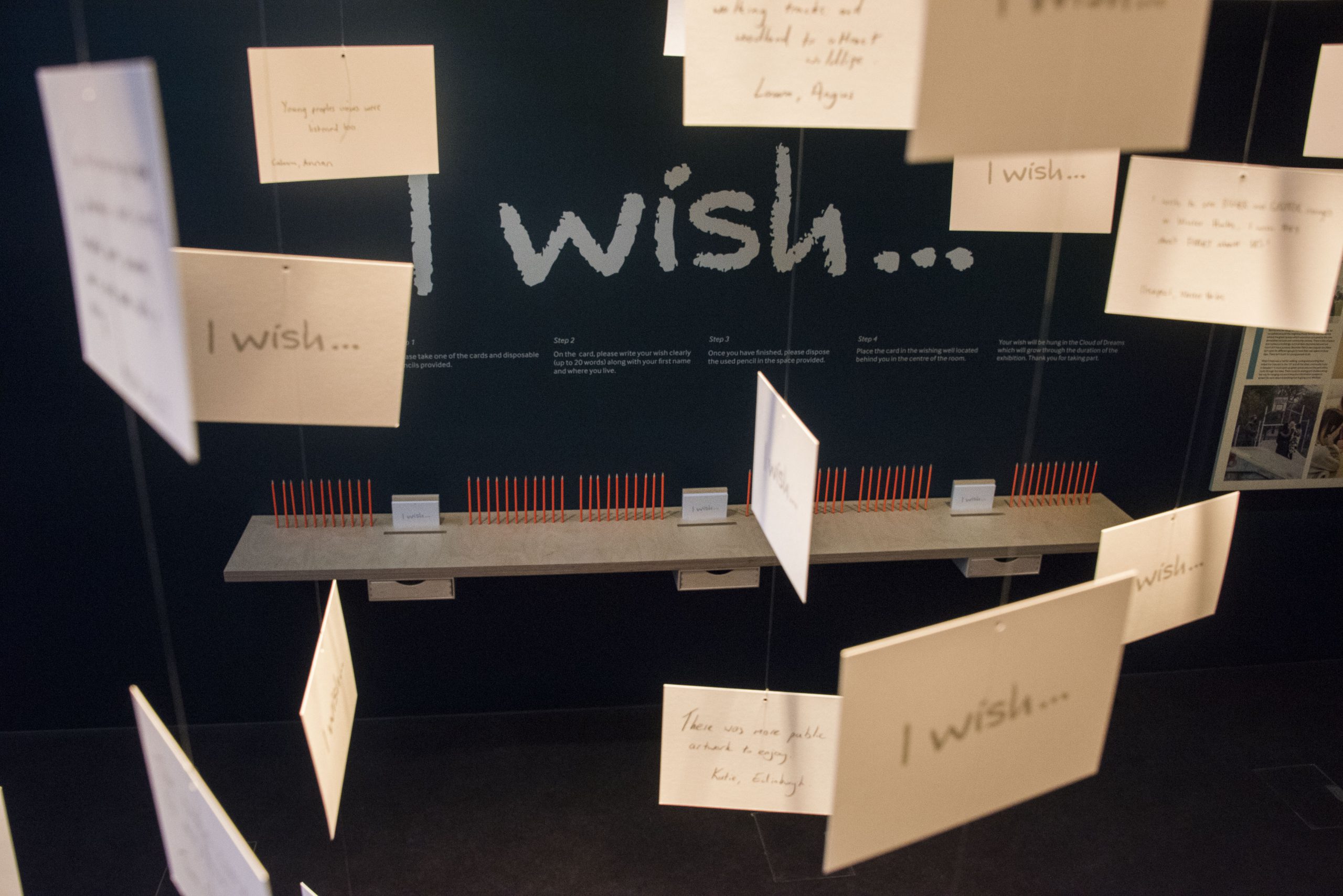 An illustrative image showing a close up of white postcards with handwritten notes with the words I wish written on a dark wall in the background
