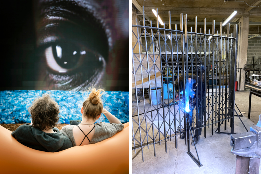 Left: an image of two people sitting on an orange seat that looks soft, watching a screening with a close up of someone's eye looking over them. Right: a gate in the process of being fabricated